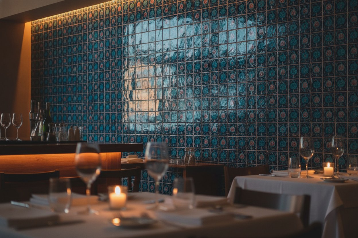 Restoran yemek salonunda Nar Çiçeği serisiyle kaplı vurgu duvarı
